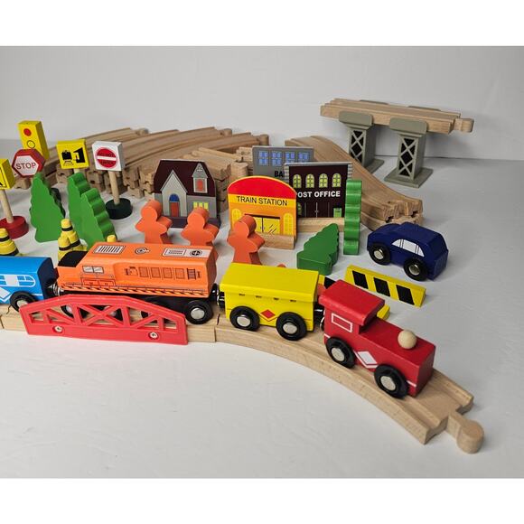 Lot of 63 Pieces Wooden Train Set Track Accessories People Signs Trees Gift - Picture 11 of 11
